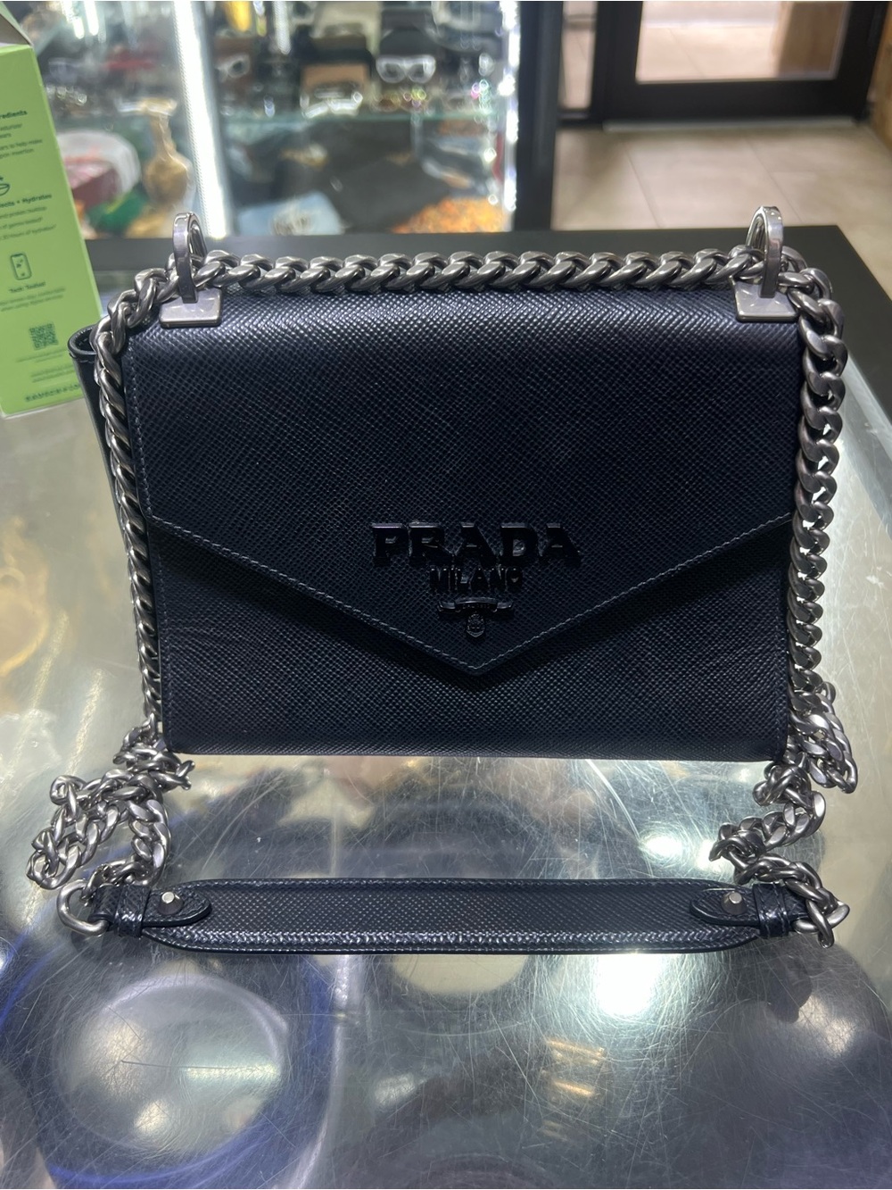 Prada Black Saffiano Leather Chain Crossbody Bag with Silver Hardware